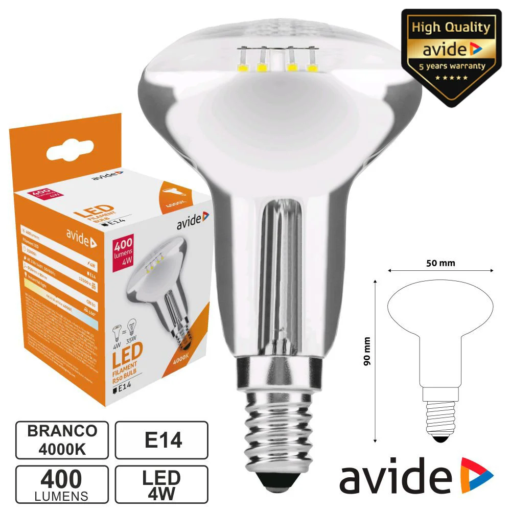 Lâmpada LED E14 R50 Filamento 4W 230V 4000k 400lm AVIDE