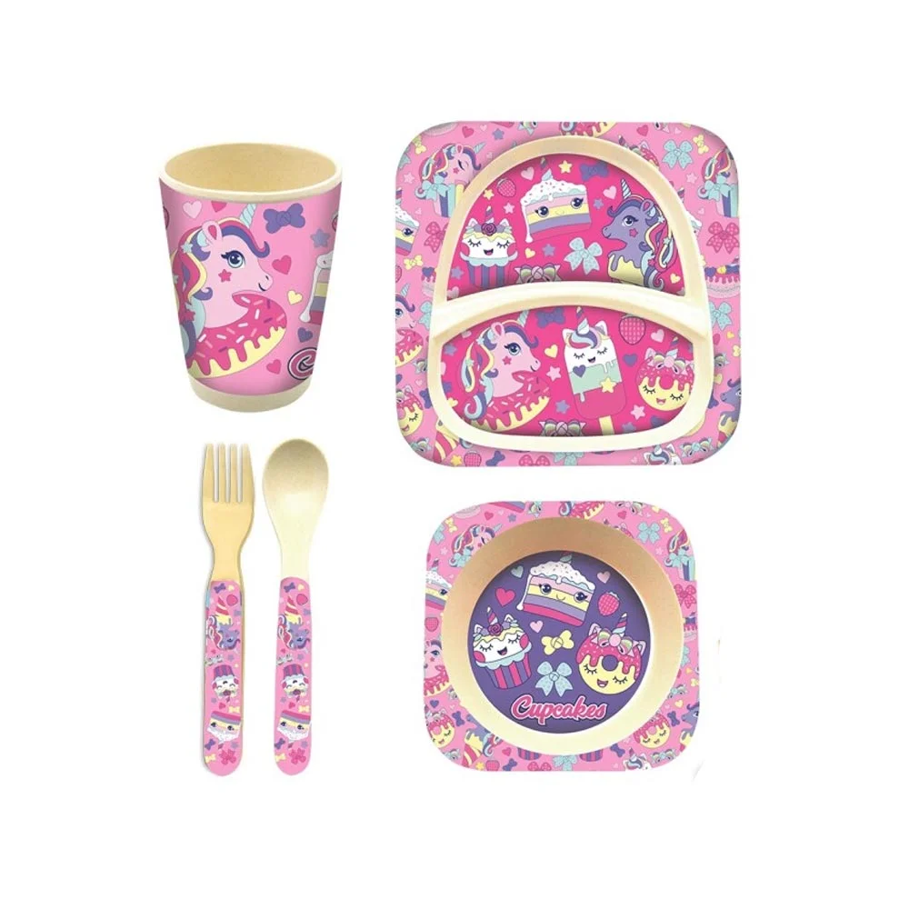 Set Cupcakes 4pcs Prato Tigela Copo Talheres Em Bambo