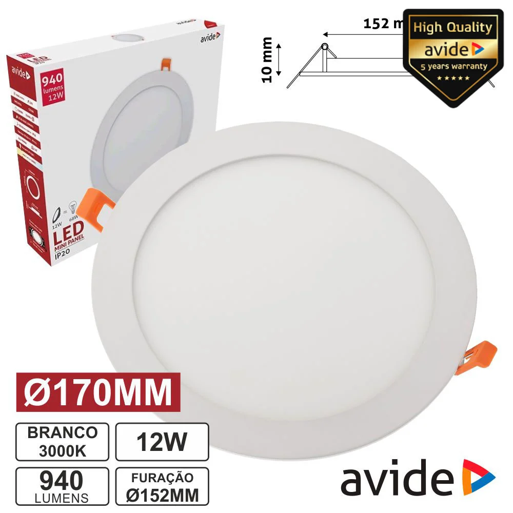 Painel Leds Redondo 12w 170mm 3000k 940lm Avide