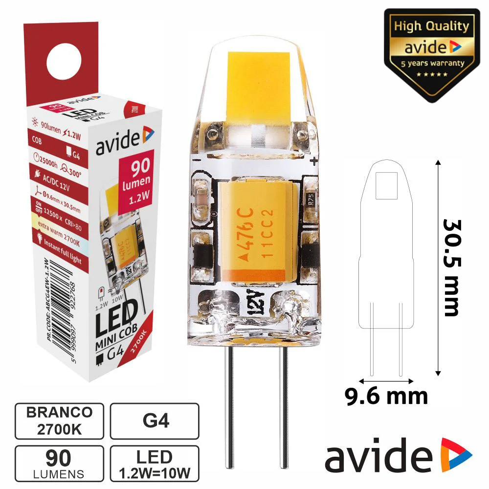 Lâmpada LED G4 1.2W 12V 2700k 90lm AVIDE