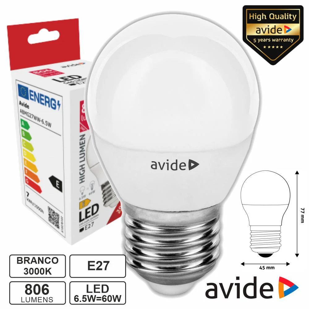 Lâmpada LED E27 Globo G45 6.5W 230V 3000K 806lm AVIDE