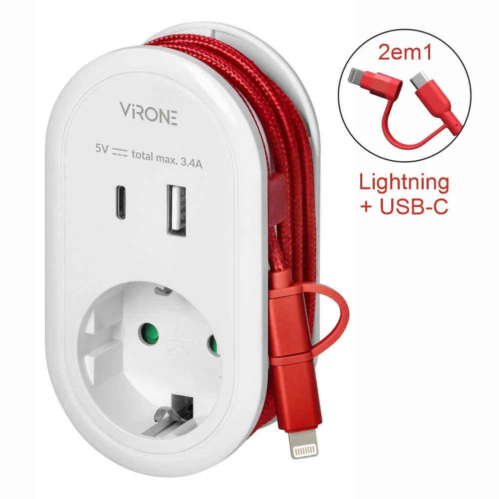 Ficha Elétrica Adaptadora 1x Schuko / USB-A/USB-C VIRONE