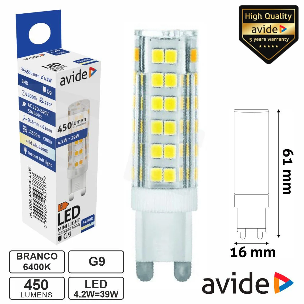 Lâmpada LED G9 4.2W 230V 6400K 450lm AVIDE