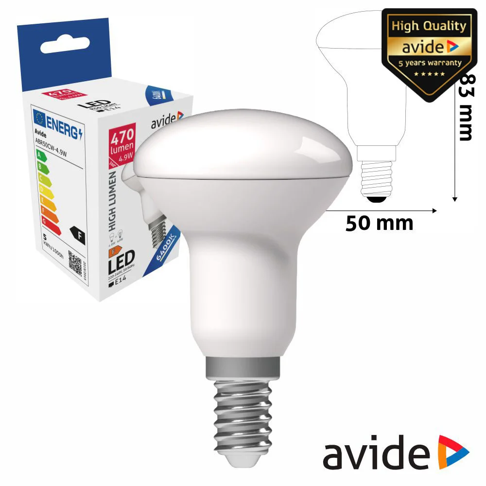 Lâmpada LED E14 R50 4.9W 230V 6400k 470lm AVIDE