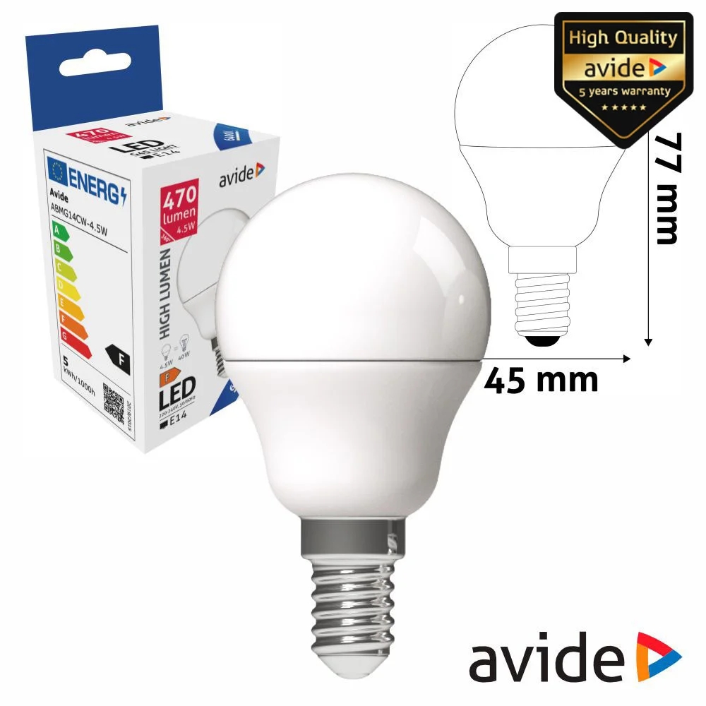 Lâmpada LED E14 Globo G45 4.5W 230V 6400K 470lm AVIDE