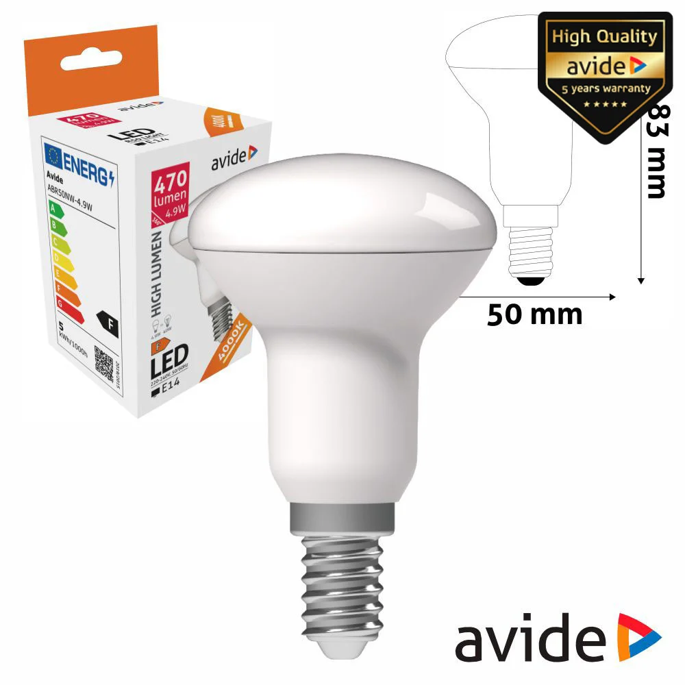 Lâmpada LED E14 R50 4.9W 230V 4000k 470lm AVIDE