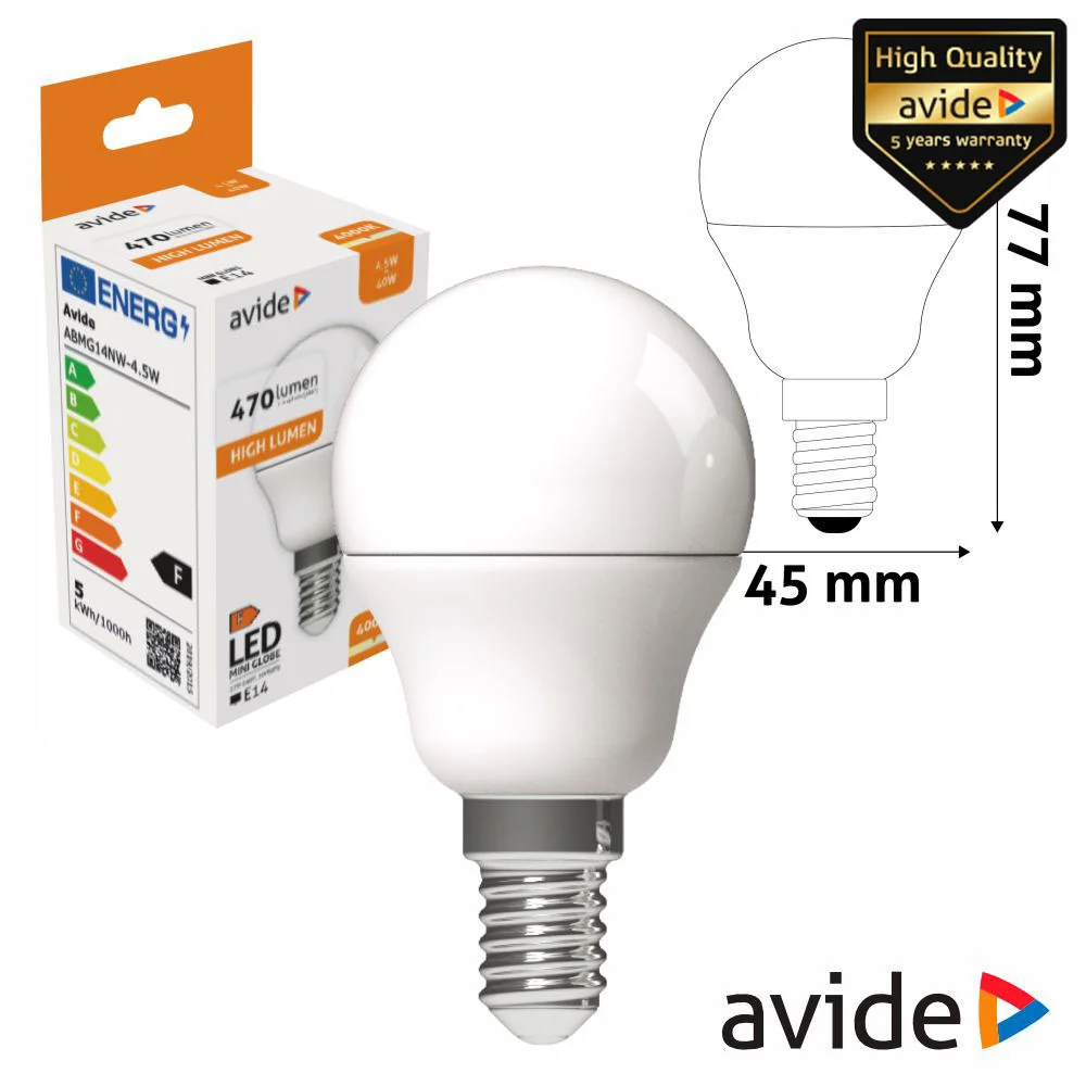 Lâmpada LED E14 Globo G45 4.5W 230V 4000K 470lm AVIDE