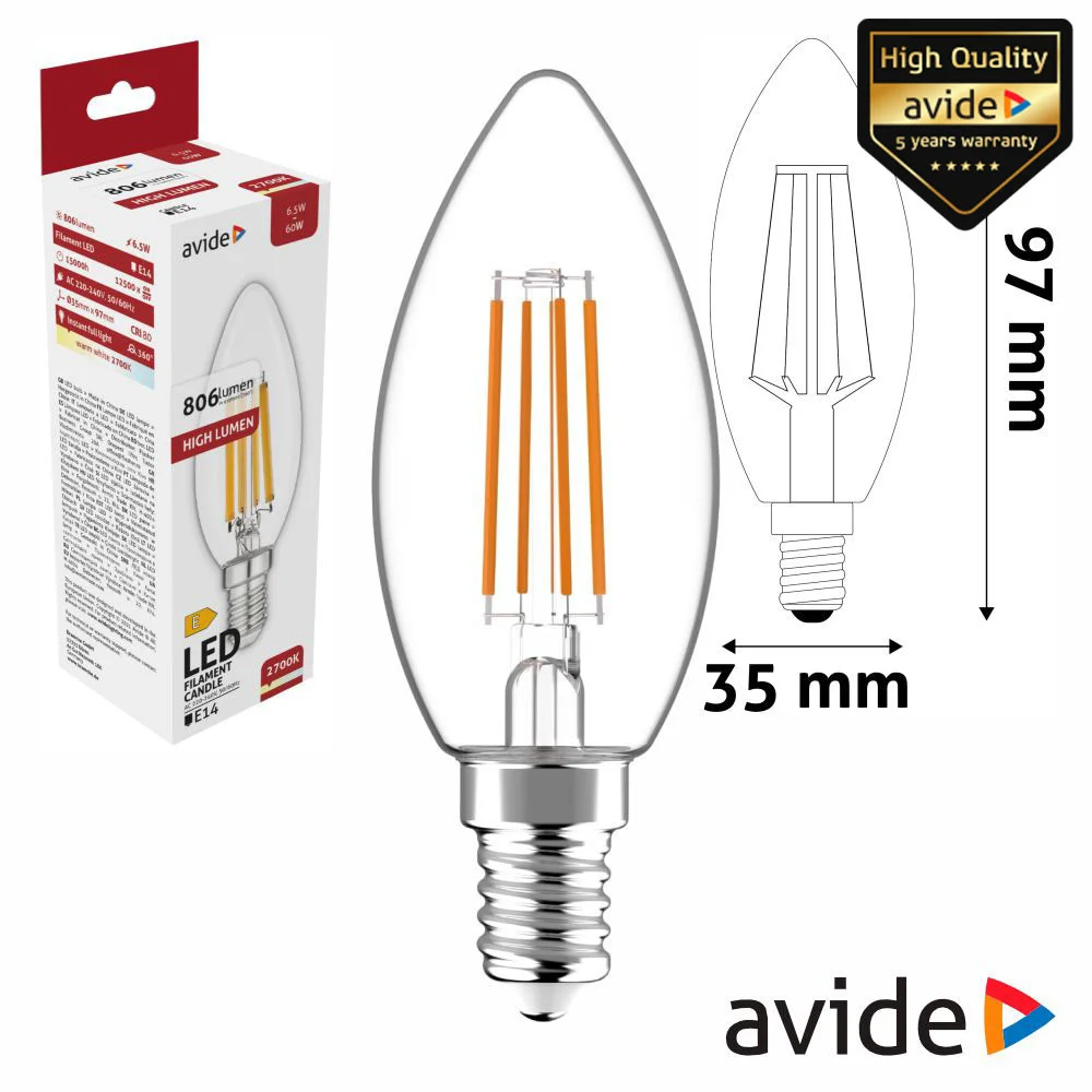 Lâmpada LED E14 Vela Filamento 6.5W 230V 3000K 806lm AVIDE