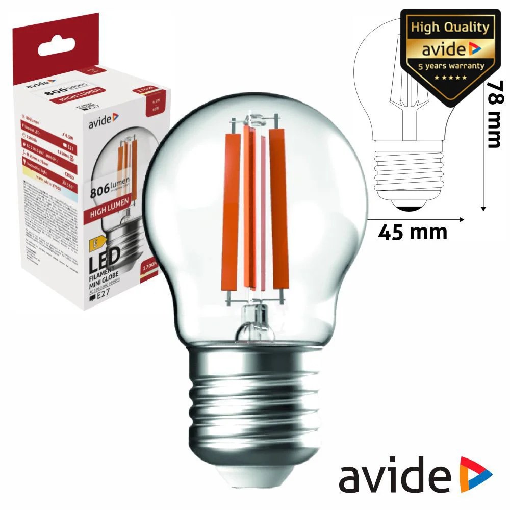 Lâmpada LED E27 Globo Filamento 6.5W 230V 2700K 806lm AVIDE