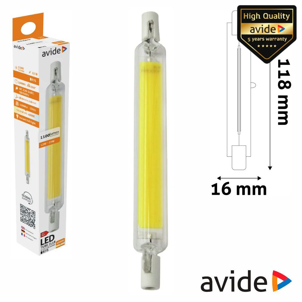 Lâmpada R7S 13W 230V LED COB 118mm 4000K 1100LM AVIDE