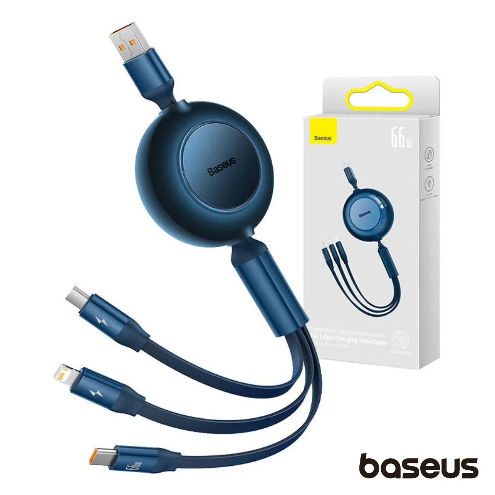 Cabo USB-A Macho p/ Lightning/USB-C PD/MicroUSB 66W BASEUS