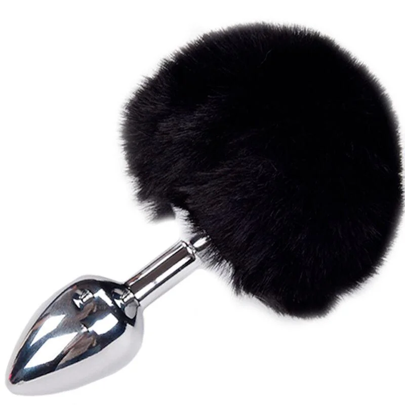 Alive - plug de prazer anal metal liso fluffy preto tamanho