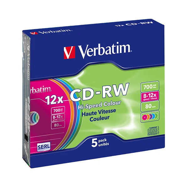 Verbatim cd-rw 8x-12x 700mb 80min caixa slim colour pack 5
