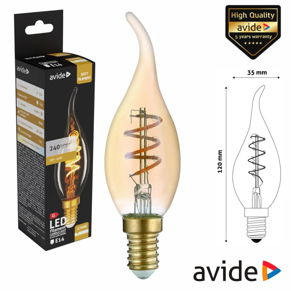 Lâmpada e14 3w vela 230v filamento 2700k 240lm avide