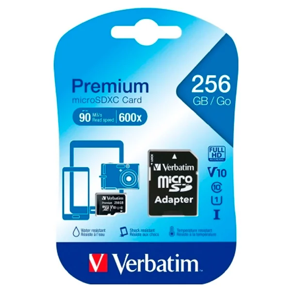 Cartão Verbatim micro sdxc premium 256gb uhs-1 c/adaptador