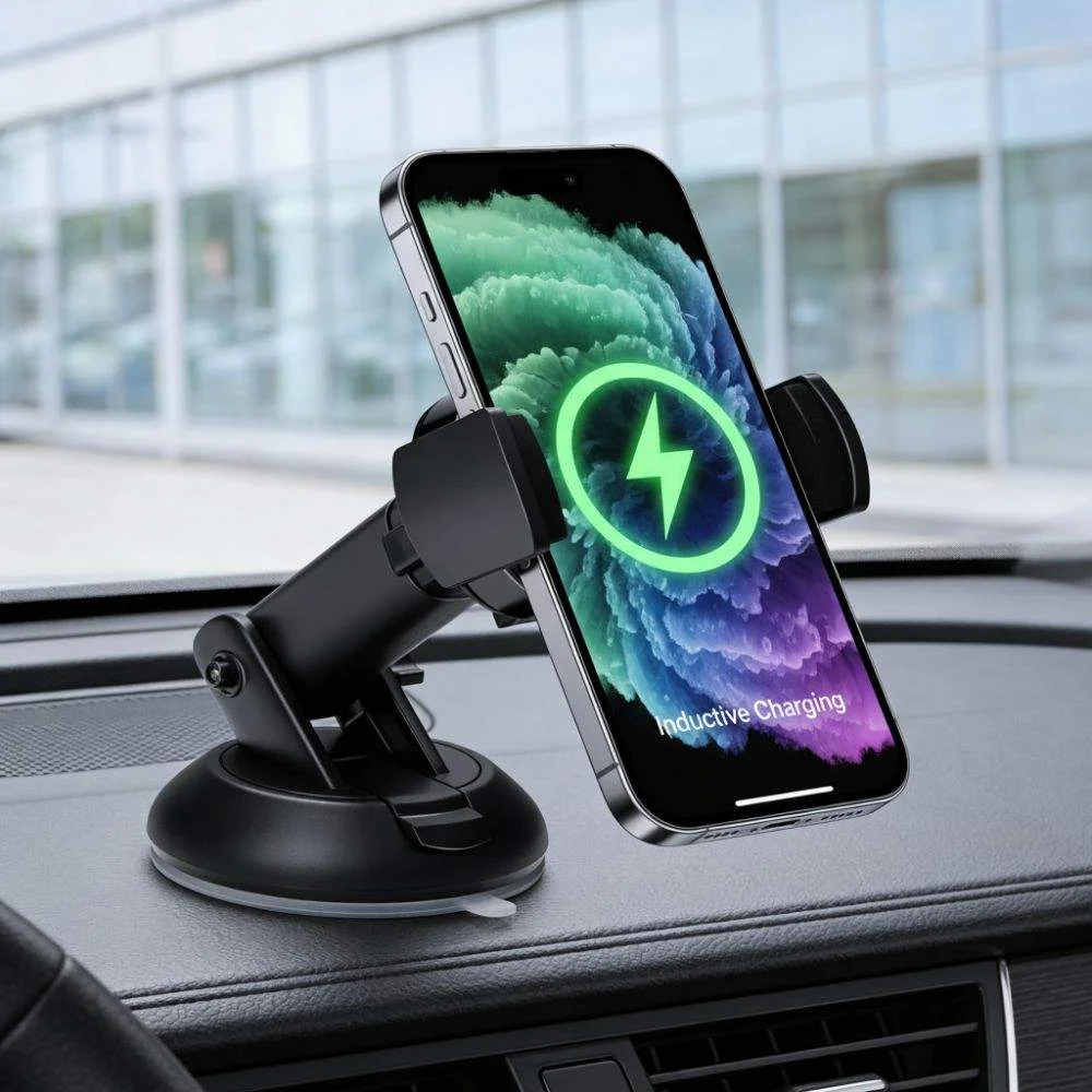 Suporte telemóvel c carregador indução qi 15w c ventosa