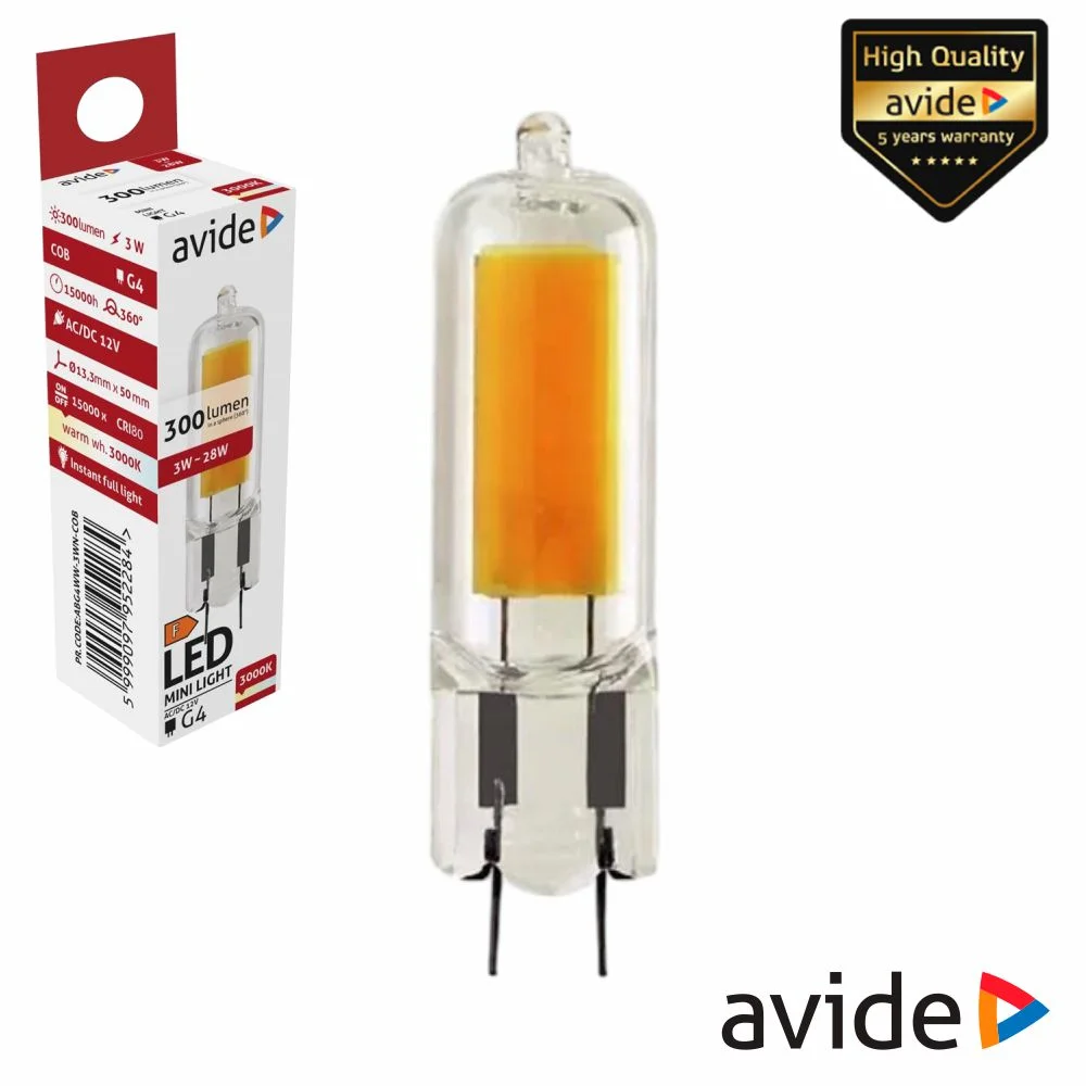 Lâmpada led cob g4 3w 12v 3000k 300lm avide