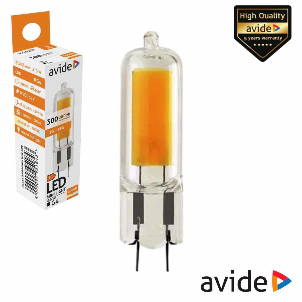 Lâmpada led cob g4 3w 12v 4000k 300lm avide