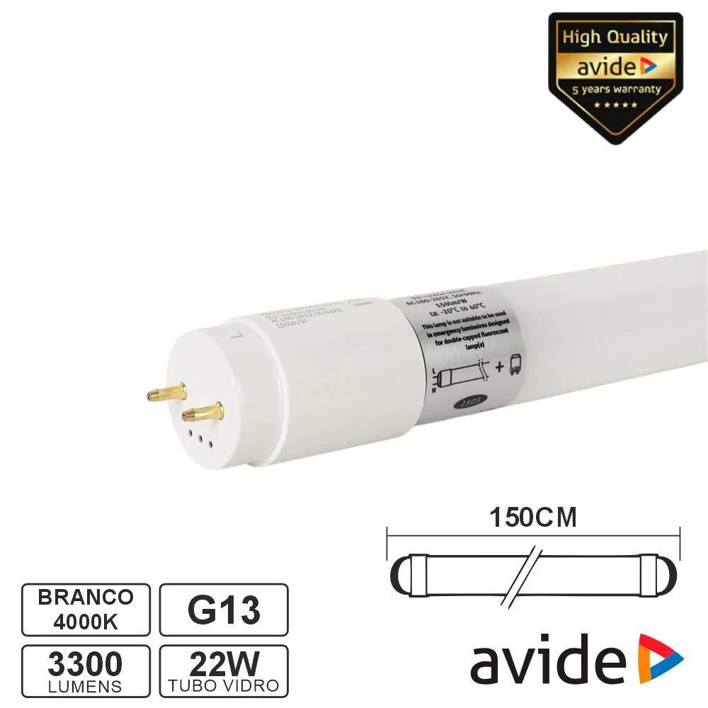 Lâmpada tubular t8 22w 1.5m leds g13 4000k 3300lm avide