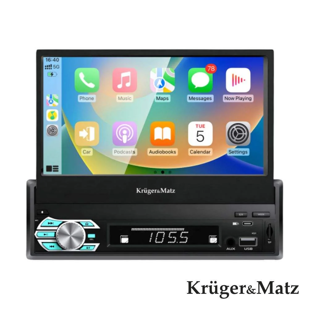 Auto-rádio 1din 7 retrátil 4x60w carplay android krugermatz