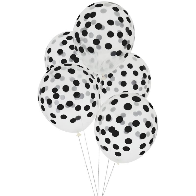 5 Confetti Printed Latex Balloons - Black