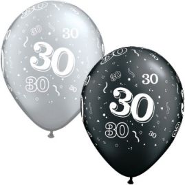 25 11" 30 Years Balloons - Black and Silver Qualatex