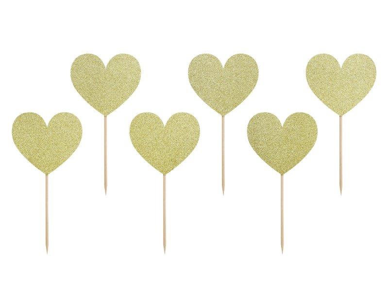 Gold Glitter Hearts Cake Toppers PartyDeco
