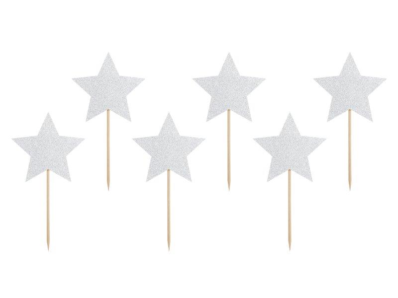 Silver Glitter Star Cake Toppers PartyDeco