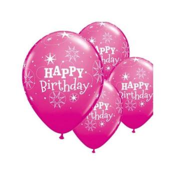 6 Happy Birthday Star Printed Balloons - Wild Berry Qualatex