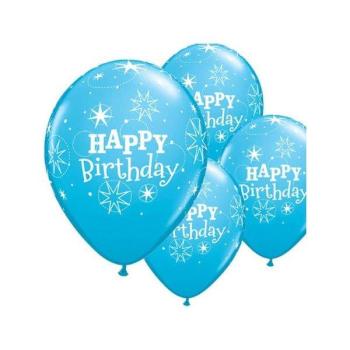 6 Happy Birthday Star Printed Balloons - Robin´s Egg Qualatex