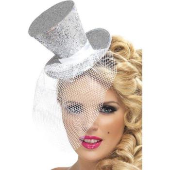 Mini Top Hat with tulle - Silver Smiffys