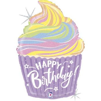 Balão Foil 27" Happy Birthday Cupcake Pastel Grabo