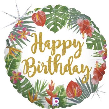 Globo de foil tropical Happy Birthday de 18" con flores Grabo