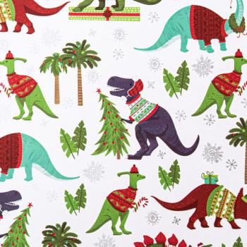 Christmas Dinosaur Wrapping Paper Roll - White Background XiZ Party Supplies