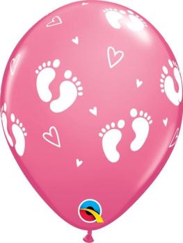 25 Balões 11" Impressos Baby Footprints & Hearts - Rosa