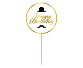 Happy Birthday Top Hat and Mustache Round Cake Topper