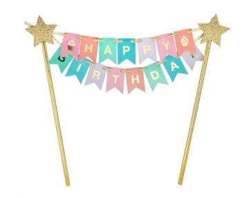 Topo de Bolo Happy Birthday Bandeirinhas Pastel