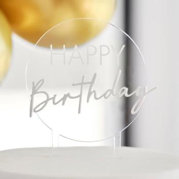 Silver Happy Birthday Round Acrylic Cake Topper GingerRay