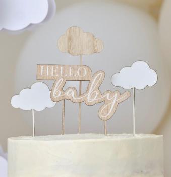 Hello Baby Wooden Cake Topper with Clouds