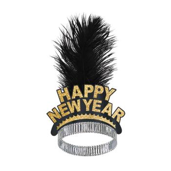 Happy New Year Tiara with Black and Gold Feather